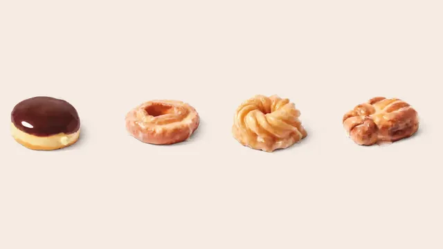 A Tim Hortons Boston Cream, Sour Cream Glazed, Honey Cruller and Apple Fritter donut