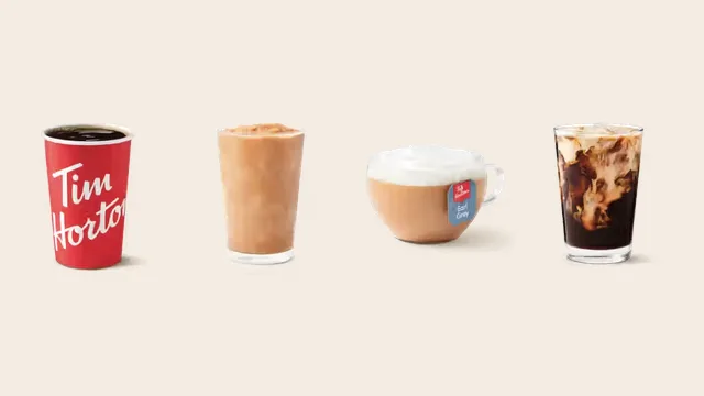 A Tim Hortons brewed coffee, Iced Capp, London Fog and cold brew side by side