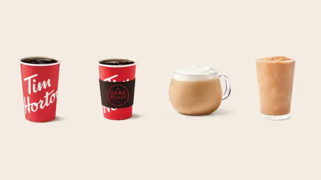 A Tim Hortons brewed coffee, Dark Roast, latte and Iced Capp