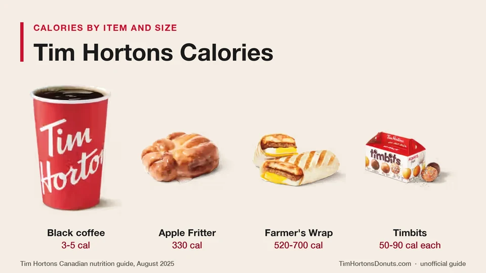 Tim Hortons calories: black coffee 3 to 5, Apple Fritter 330, Farmer's Wrap 520 to 700, Timbits 50 to 90 each