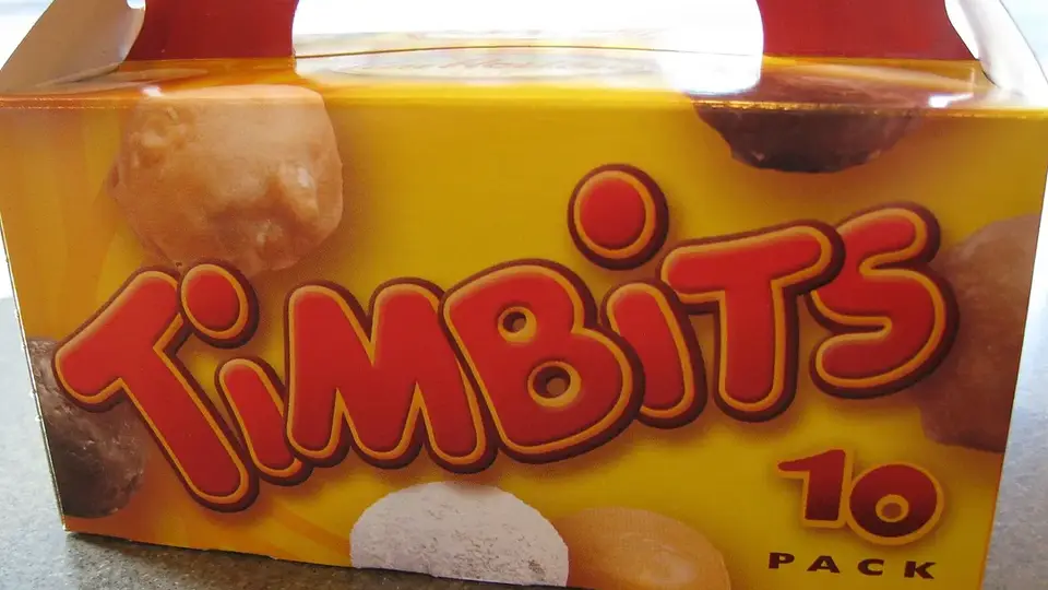 A yellow Tim Hortons Timbits 10-pack box on a counter